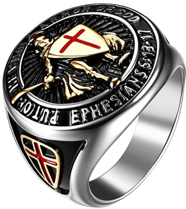JewelryWe Anillo Caballeros Templarios para Hombre: Anillo con Cruz Punk Gótico con Dios Efesios 6:13-17 Ideas Regalo, Acero inoxidable