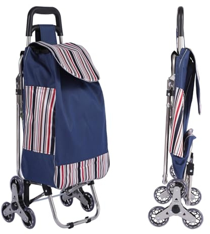 Stair Climbing Shopping Trolley with Seat, Foldable Cart with Triple Wheels, Ergonomic Padded Handle & Back Pocket, Heavy Duty Metal Frame & Oxford Fabric – Groceries, Travel & Outdoor Use