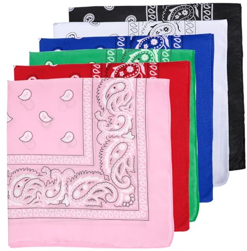 KFHENSOMR Lot de 6 bandanas multi-usages aux couleurs assorties, mouchoir carré, bandanas de cowboy, bandanas en polyester, pour femmes et hommes, 53,3 x 53,3 cm