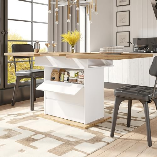 A ALFRESCOOL Esstisch Teleskoptisch, Klappbarer Küchentisch für 4-6 Personen, Ausziehbarer Esstisch, Platzsparender, für Küche und Wohnzimmer, DREI Ablageebenen, 110-140×80cm (Weiß)