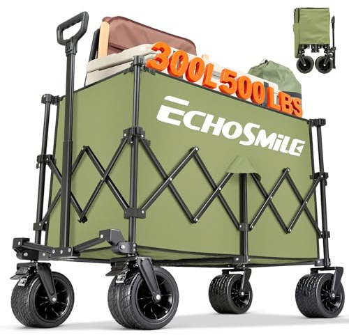 EchoSmile XXXXL Bollerwagen Faltbarer mit 300L 227 KG Belastbar - Strandwagen mit Großen All-Terrain Rädern Tragbarer Einkaufswagen Transportwagen mit Bremsen - Campingwagen für den Außenbereich, Grün