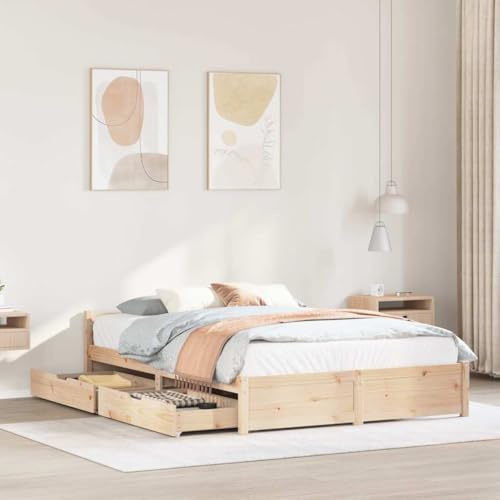 Teenpull Massivholzbett 140x200 cm Kiefernholz Bettrahmen ohne Matratze mit Lattenrost, Kopfteil und 2 Unterbett-Schubladen, Modernes stabiles Schlafzimmer Möbel in Natur Optik