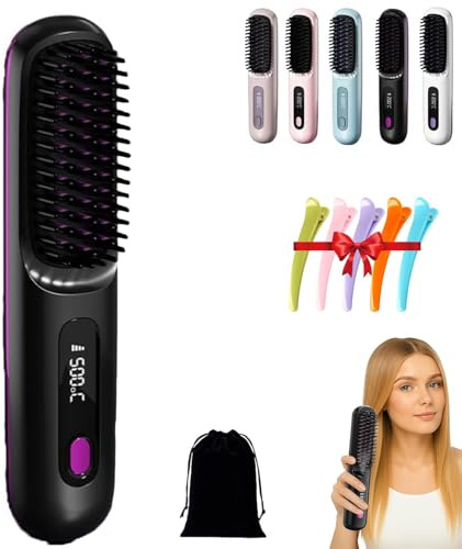Go Brush Pro, Brosse chauffante pour cheveux courts, Lisseur portable, Peigne sans fil rechargeable, 2 en 1 pour lisser et boucler, 3 réglages de température, Chauffage rapide (Noir)