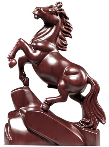 SMELEYOU Hölzerne Pferdefigur, rotes Pferd, Statue, Feng Shui-Dekoration, 2026, chinesisches Neujahr, Sternzeichen, Tierskulptur, Schreibtischdekoration für Reichtum und Glück