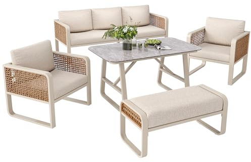 Senmate Set Lounge da Giardino 6–7 Posti in Rattan PE, con Divano 3 Posti, 2 Poltrone, Panchina e Tavolo, Cuscini Traspiranti e Piedini Regolabili per Terrazza, Balcone e Giardino