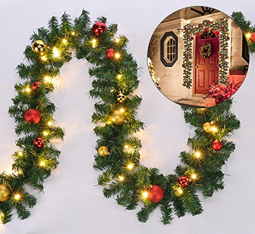 LED Weihnachtsgirlande mit Christbaumkugeln 5 Meter innen + außen in naturnaher Tannenoptik für innen und außen