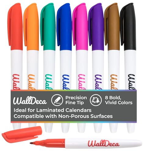 WallDeca Pennarelli Cancellabile in 8 Colori Assortiti – Pennarelli Punta Fine a Base d'Acqua per Pellicole Fotografiche, Calendari Plastificati o Diapositive Trasparenti per Proiettori