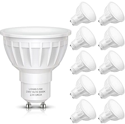 LOHAS GU10 LED 4000K Neutralweiss lampe, 5.5W Ersetzt 50W, 500LM, Leuchtmittel GU10 Naturweiß, 120°Abstrahlwinkel, Nicht Dimmbar, 10 stück