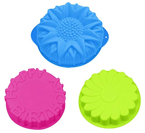 3er Pack Silikon Backform, SENHAI Großes rundes Brot Pie Flan Torte Schimmel, Wirbelwind-Muster Sonnenblume-alles- Gute zum Geburtstagbuchstabe-Form Antihaft Backbleche für Geburtstagsfeier