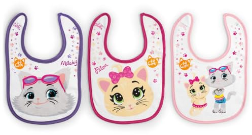 LULABI 44 GATTI GIRL - 3er-Set aus Babylätzchen, 100% aus weicher Baumwolle mit 44 Katzen Aufdruck, Lätzchenpackung, Klettverschluss, hypoallergen, wiederverwendbar, unisex, 19 x 17 cm - Bunt