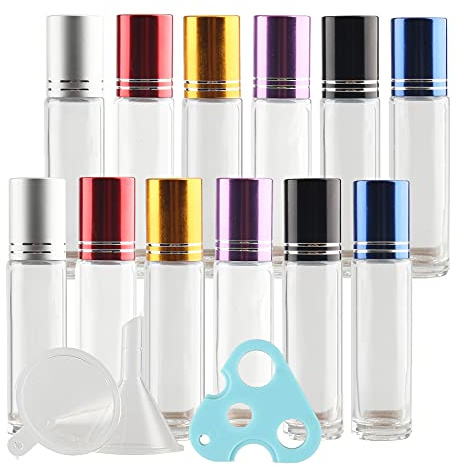 TIANZD 12 Pcs, 10ml Empty Transparent Glass Essential Oil Roller Bottles with Mixed Alu Screw Cap Roll on Bottles Rollerball Bottle for Essential Oil Perfume, 1x Funnel 1x Opener