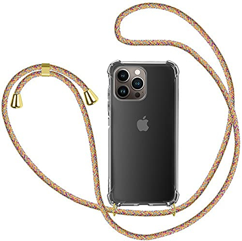Handykette für iPhone 13 Pro Hülle, Smartphone Necklace Handyhülle mit Band Transparent Schutzhülle Stossfest - Schnur mit Case zum Umhängen in Regenbogen