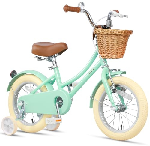 Glerc 14 tums barn flickor cykel för år gamla små flickor retro vintage stil cyklar med korg och klocka, mintgrön