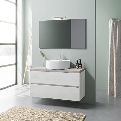 Kiamami Valentina - Mobile bagno sottolavabo sospeso 100cm bianco rovere e top beton con lavabo appoggio