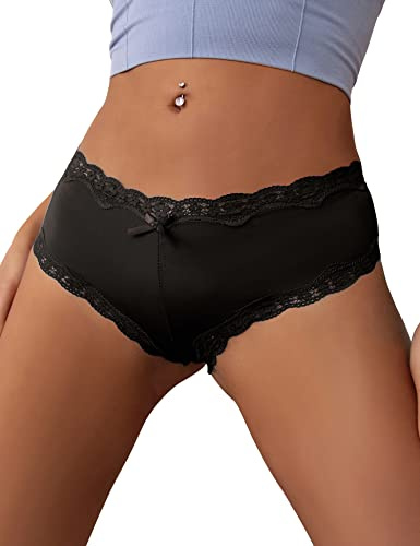 ohyeahlady Women's Lace Satin Panties seamless Knickers Ladies Stretchy Low Rise Bikini Briefs Hipster Lace Underwear for Female Black UK Size 16-18