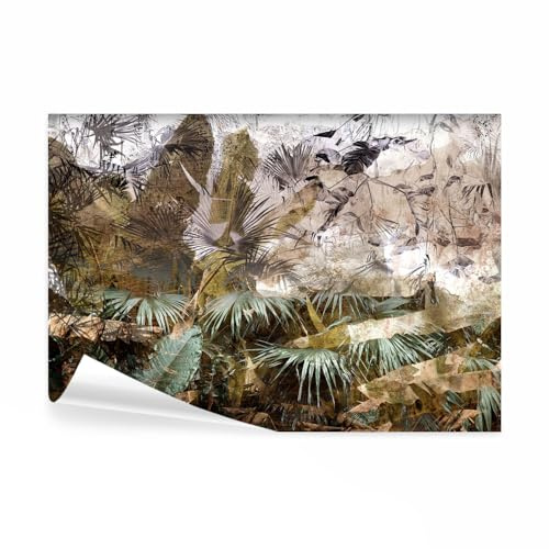 decomonkey Papier Peint Panoramique Adhésif Plantes 392x280 cm Marron blanc | Stickers Muraux Salon Chambre Déco XXL Autocollant, Feuilles les plantes nature tropical jungle forêt, beige