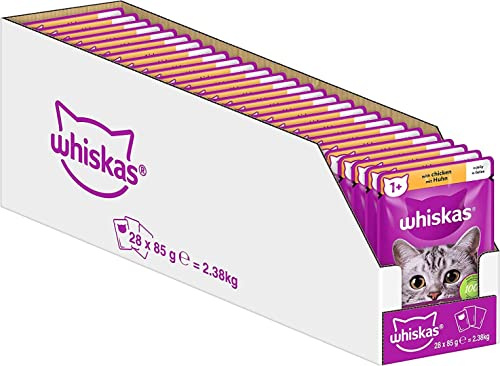 Whiskas 1+ kattmat kyckling i gelé, 28 x 85 g (1 förpackning) – högkvalitativt våtfoder för vuxna katter i 28 portionspåsar