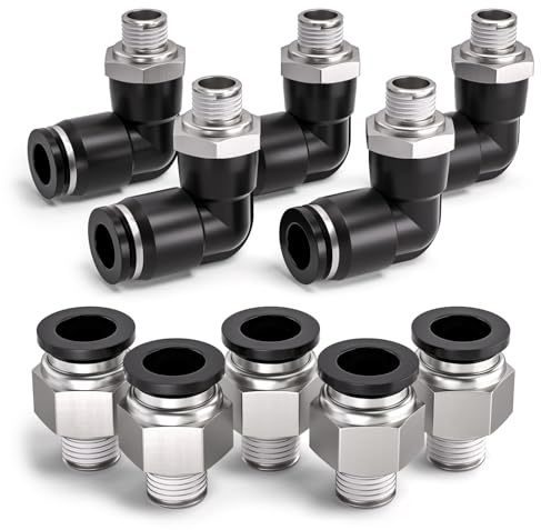Bwintech 10 Stück 6mm Rohr auf 1/8 BSP-Außengewinde, Gerade und 90-Grad-Winkel, Pneumatische Steckverschraubung, PL6-01/PC6-01 Schnellverschluss für Luftleitungen