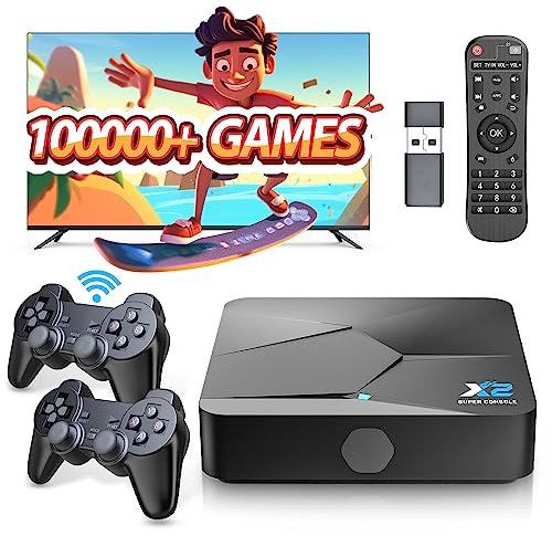 Kinhank Super Console X2, Retro Games Console with 100,000+ Video Games, Plug & Play, Emuelec 4.5 & Android 9.0, 4K HD Display, Compatible with PSP/PS1/N64/Amiga, Includes 2 Gamepads