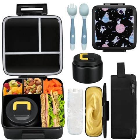 JXXM Bento-Lunchbox für Kinder mit 237 ml Suppen-Thermo, auslaufsichere Lunchbehälter mit 5 Fächern, Thermo-Lebensmittelbehälter und Lunchtasche, Lebensmittelbehälter für die Schule (A-Schwarz