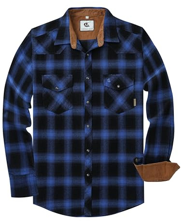 Dctop flanellskjorta för män, långärmad skogshuggarskjorta, rutig med knäppknappar, bomull med ficka, normal passform, avslappnad skjorta, 3# Blå/Svart, XXL