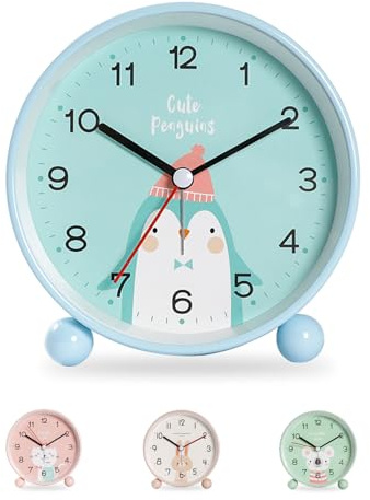 Idota Despertador Analógico para Niños con Luz Sin Tictac - Entrenador de Sueño Educativo - Reloj Despertador (Pingüino Azul)
