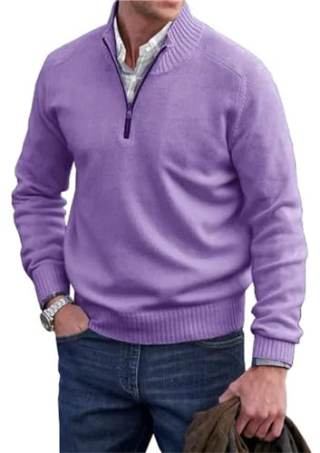 Berrynight Pull à col rond en cachemire violet pour homme, manches longues, fermeture éclair quart, taille L
