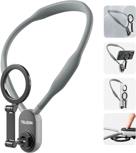 TELESIN Magnetic Neck Phone Holder for POV Vlogging, Grey | Hands-free adjustable mount for iPhone and Android | Chest strap for walking, travel, cooking and first-person video