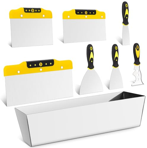 Tanzfrosch Drywall Knife Set, 8Pcs Stainless Steel Drywall Hand Tools Kit Includes Putty Knife Set, Taping Knives, Painter Scraper and 12 Mud Pan Finishing tools for Drywall Work