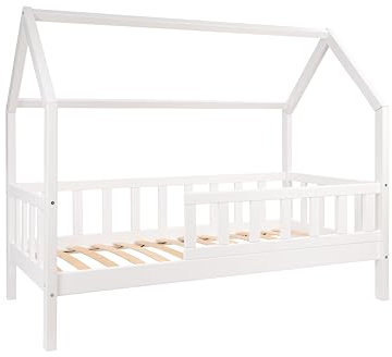 Alije Kinderbett Bett Hausbett mit Rausfallschutz 90x190 Weiß Julia Lattenrost Bettgestell aus Kiefer Holz für Haus Kinder Jungen & Mädchen - Holzbett Baby Kinderzimmer Junge Deko