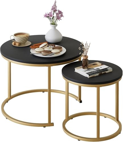 Huhote Runde Couchtische, 2er-Set, Beistelltisch, Beistelltisch mit Metallrahmen, für Wohnzimmer/Schlafzimmer/Balkon/Büro/Wohnung, Durchmesser 60 cm (goldener Rahmen, weiße Platte)