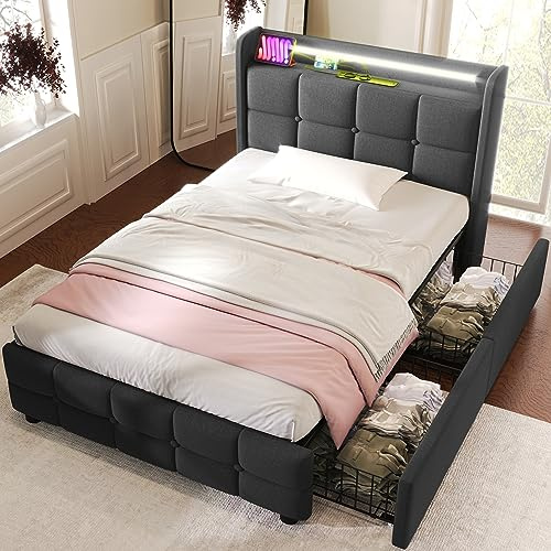 Sapgaks Bett 90x200 mit LED und USB, Polsterbett 90x200cm mit 2 Schubladen und Kopfteil, Einzelbett mit Stauraum und Lattenrost aus Holz, Stauraumbett Jugendbett Modernes Bettgestell -Grau