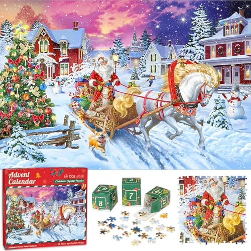 Advent Calendar 2025 Jigsaw Puzzle, Santa’s Sleigh Ride 24 Days Christmas Countdown Calendar for Kids Adult, 1008 Pieces Puzzles for Boys and Girls