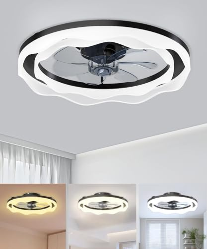 JAYNLT Deckenventilator mit Beleuchtung, Ø50CM Schwarzer Dimmbarer LED Deckenleuchte mit Ventilator 3000K-6500K, APP-Fernbedienung, 6 Windstufen, Fandelier, Bündig Montierte Moderne für Schlafzimmer