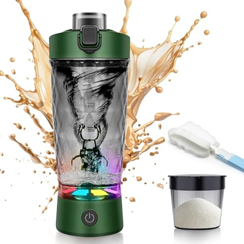 Shaker Elektrisch, Protein Shaker mit Pulverfach 650ML, Auslaufsichere | Elektrischer Eiweiß Shaker für Potein Pulver und Milchshake, USB Wiederaufladbar, Tritan BPA-Frei, für Fitness & Gym, Grün