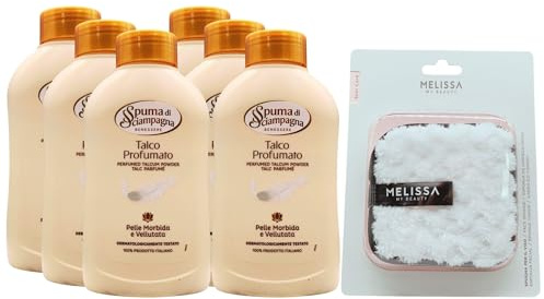 SET: Talco Profumato, Pelle Morbida e Vellutata, 100% Origine Naturale, Senza Conservanti 200g + Spugna Per Il Viso (6 Barattoli+Spugna)
