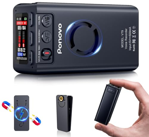 64GB Magnetic Digital Voice Recorder 45 Days Continuous Recording, Ponovo Voice Activated Audio Recorder Device with Clip, 6000mAh Smart Noise Reduction Dictaphone with Password for Meeting Class