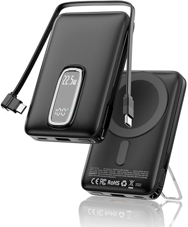 Powerbank Magsafe,10000mAh Power Bank iPhone Ricarica Rapida 22.5W a Cavo Integrato,Caricatore Portatile Magnetico con Display LED & Stand, Wireless Batteria Esterna per iPhone 17 16 15 14 13 12 Serie
