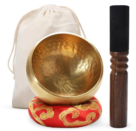 Tibetische Klangschale Set 8cm – Handgefertigte Meditationsschale aus Messing mit Holzklöppel Kissen & Beutel – Für Yoga Achtsamkeit Klangtherapie & Geschenkidee