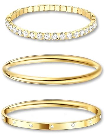 nuneoeuo 3PCS Gold Bracelet Stack Set, Tennis Gold Bracelets for Womens Set Multi Layer Stackable Cuff Bangle, Jewellery Sets for Women Thin Round Bangle Cuff, Gifts for Ladies