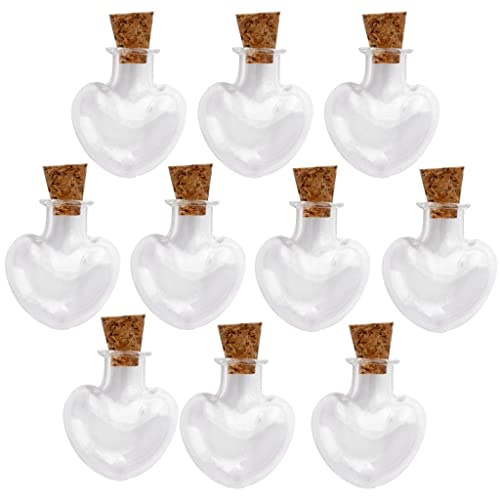 Lot de 10 mini bouteilles en verre transparent en forme de cœur avec bouchon en liège 2,5 x 2,2 cm pour loisirs créatifs, vœux, fabrication de bijoux