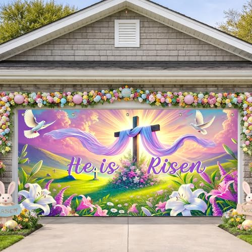 HOMETITUTE 4 x 1,8 m He is Risen Easter Garage Door Banner con croce gigli viola nastro e fiori primaverili per Pasqua religiosa copertura della porta del garage stagionale Holiday Home Decor