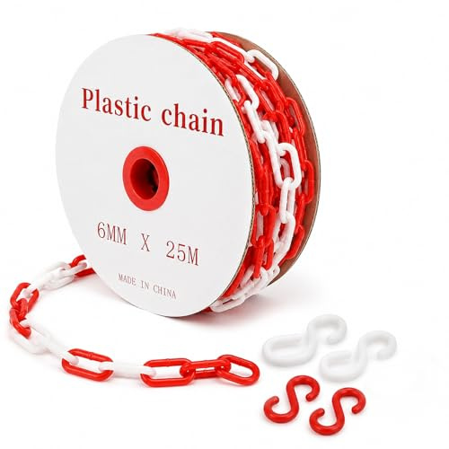 DDIOYIUR Cadena de plástico para barreras rojo y blanco 25 m × 6 mm, cadena de señalización con 4 ganchos en S, eslabones 4 × 2 cm, para aparcamientos, garajes, almacenes y eventos