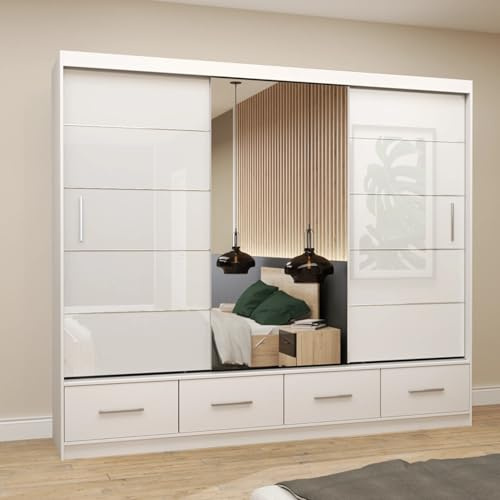 FURNIPOL Florence Large 3 Sliding Door Wardrobe with Mirror Bedroom Storage Furniture Unit 250cm Wide 218cm High Laminated Board White Semi Gloss