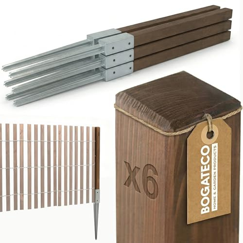 BOGATECO Imprägnierte Holzpfosten 80x5x5cm Zaunpfosten SET | 6 Stück Vierkantpfosten mit flachem Kopf mit Einschlag-Bodenhülse Kantholz Holz dunkelbraun