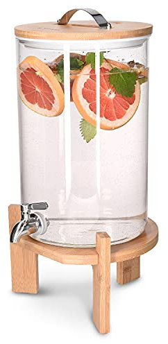 Navaris Glass Drinks Dispenser with Tap - 7 Litre Drink Jar with Spigot, Lid and Wooden Stand for Hot or Cold Beverages, Punch, Ice Water for Parties