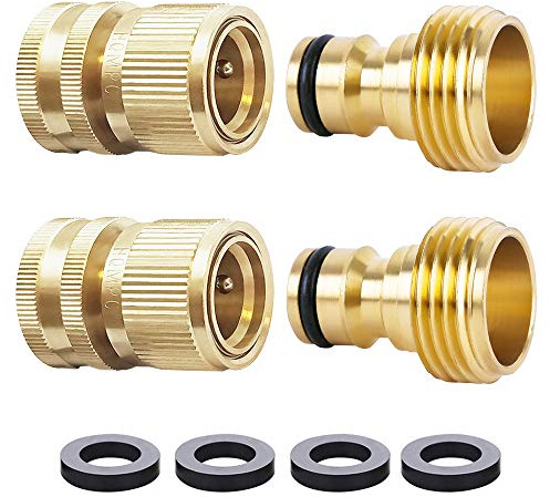 HQMPC Garden Hose Quick Connect Solid Brass Quick Connector Garden Hose Fitting Water Hose Connectors Garden Hose Disconnect 3/4 inch GHT (2Sets) (2Female+2Male)