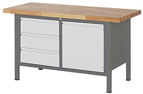 STIER Höhenverstellbare Werkbank Premium, 3 Schubladen und 1 Tür, 150x70x84-104cm, Stahl und Buche