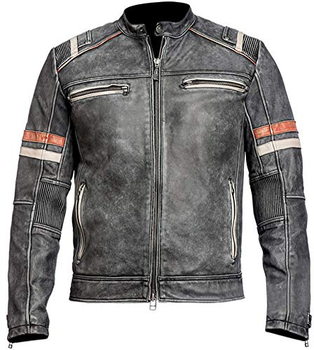 LP-FACON Giacca da Motociclista Stile Café Racer, in Pelle d'Agnello Effetto Invecchiato, Vintage, Giacche da Motociclista da Uomo, XL