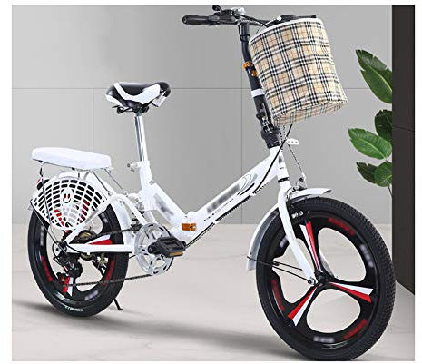 JHNEA 16 Zoll 6 Gang Faltrad Klapprad, Kohlenstoffstahlrahmen Fahrrad Klappfahrrad mit Ständer Gepäckträger und Korb Campingrad Citybike,White-A